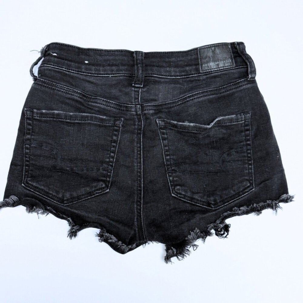 American Eagle Hi Rise Shortie Black Denim Stretch Shorts Distressed Size 0 - Picture 2 of 11